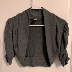Large Short Grey Cardigan by M.M., ruched quarter sleeves
